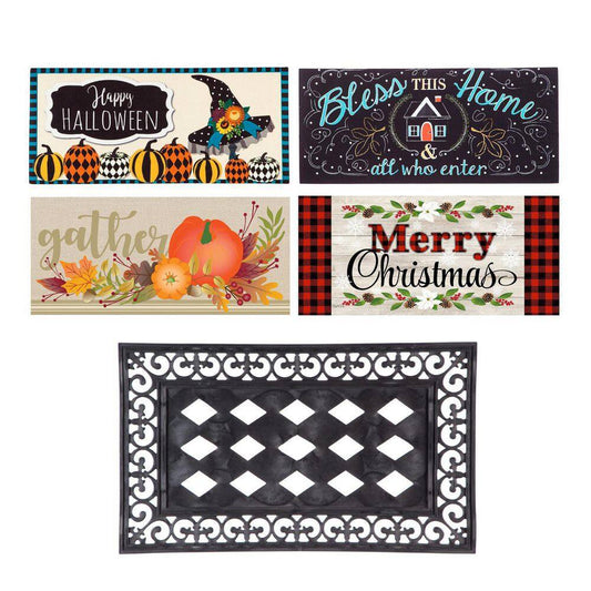 Evergreen Sassafras Fall Holiday Set of 5 Door Mats with Rubber Display Frame, Collection #3