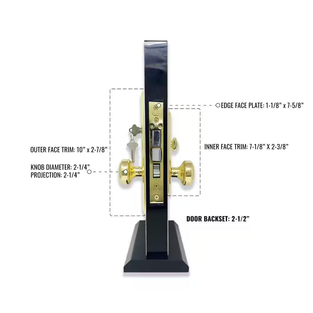 Brass Mortise Entry Left Hand Door Lock Set with 2.5 In. Backset, 2 SC1 Keys and Swivel Spindle