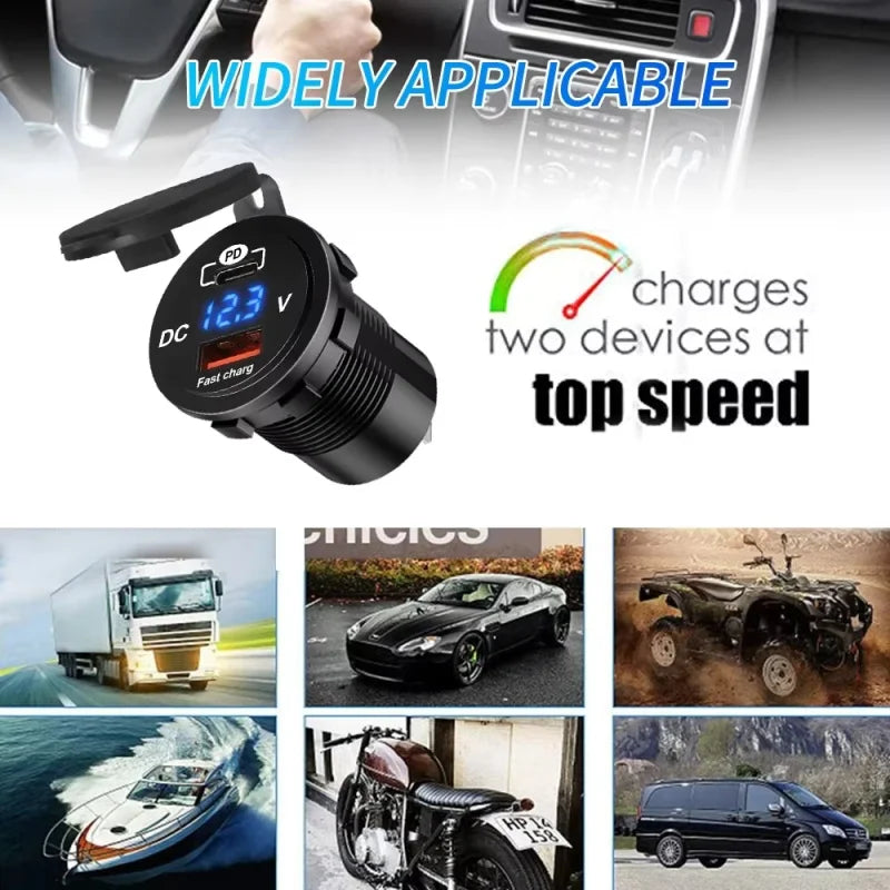 1SET 60W PD QC3.0 Car Charger Socket with Voltage Meter Quick Charge 3.0 Socket Power Outlet for 12V/24V Motorcycle Truck Boat