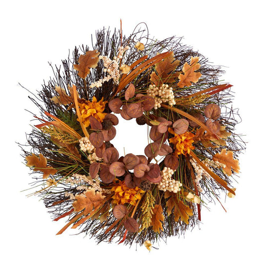 Nearly Natural 22 in. Orange Autumn Dahlia and Berries Artificial Fall Wreath