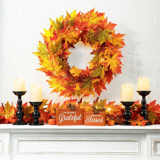 Glitzhome 24 in. Dia Fall Lighted Maple Leaves Artificial Fall Wreath
