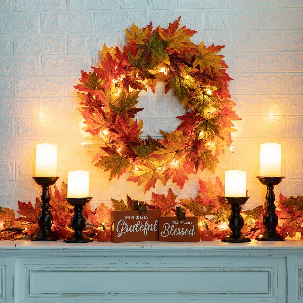 Glitzhome 24 in. Dia Fall Lighted Maple Leaves Artificial Fall Wreath