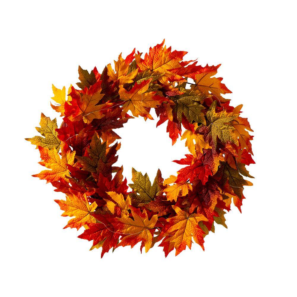 Glitzhome 24 in. Dia Fall Lighted Maple Leaves Artificial Fall Wreath