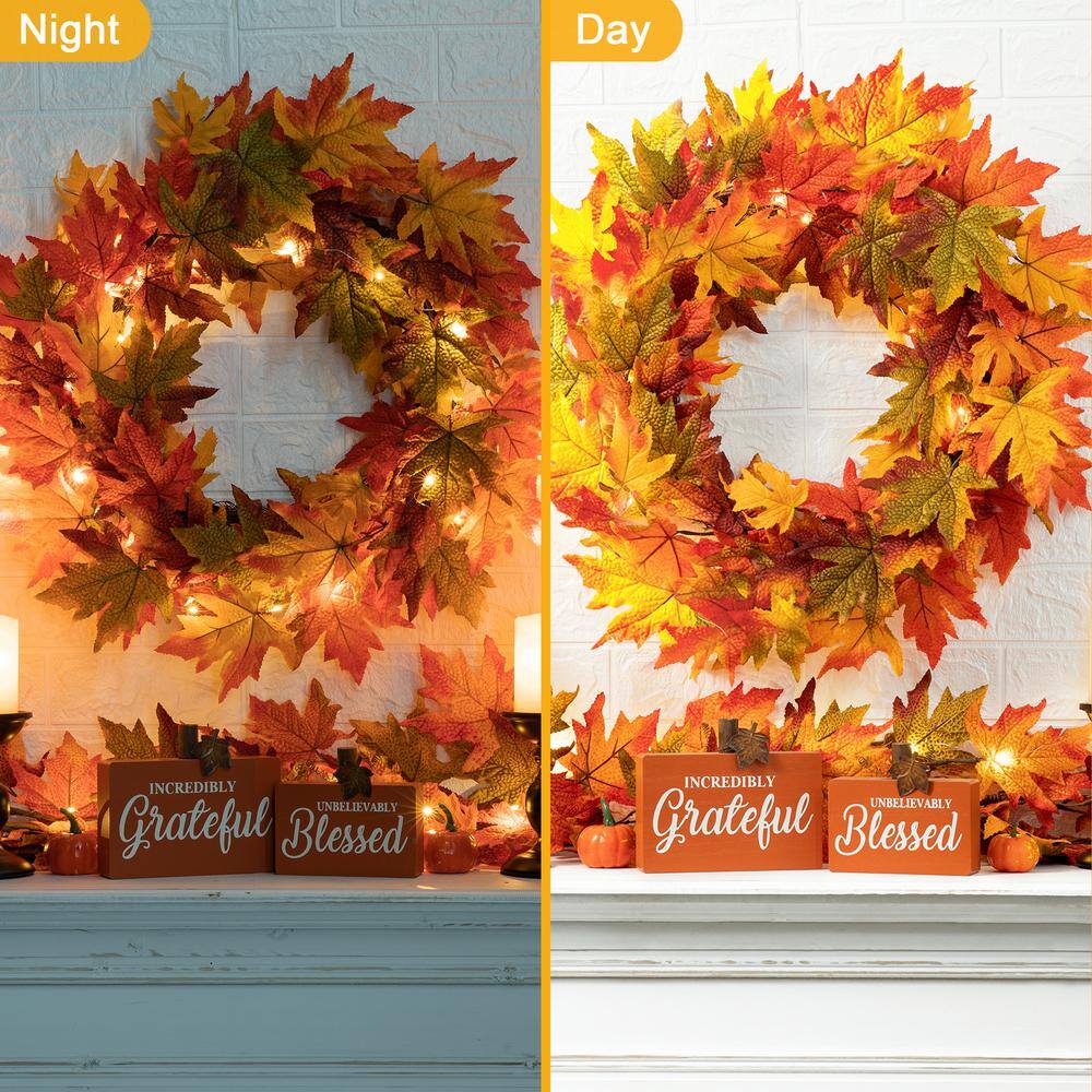 Glitzhome 24 in. Dia Fall Lighted Maple Leaves Artificial Fall Wreath