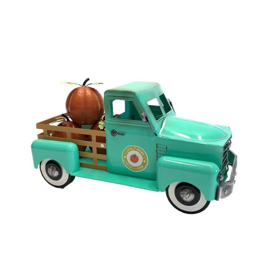 Zaer Ltd. International 10 in. Tall Country Style Metal Truck with Pumpkins in Antique Teal