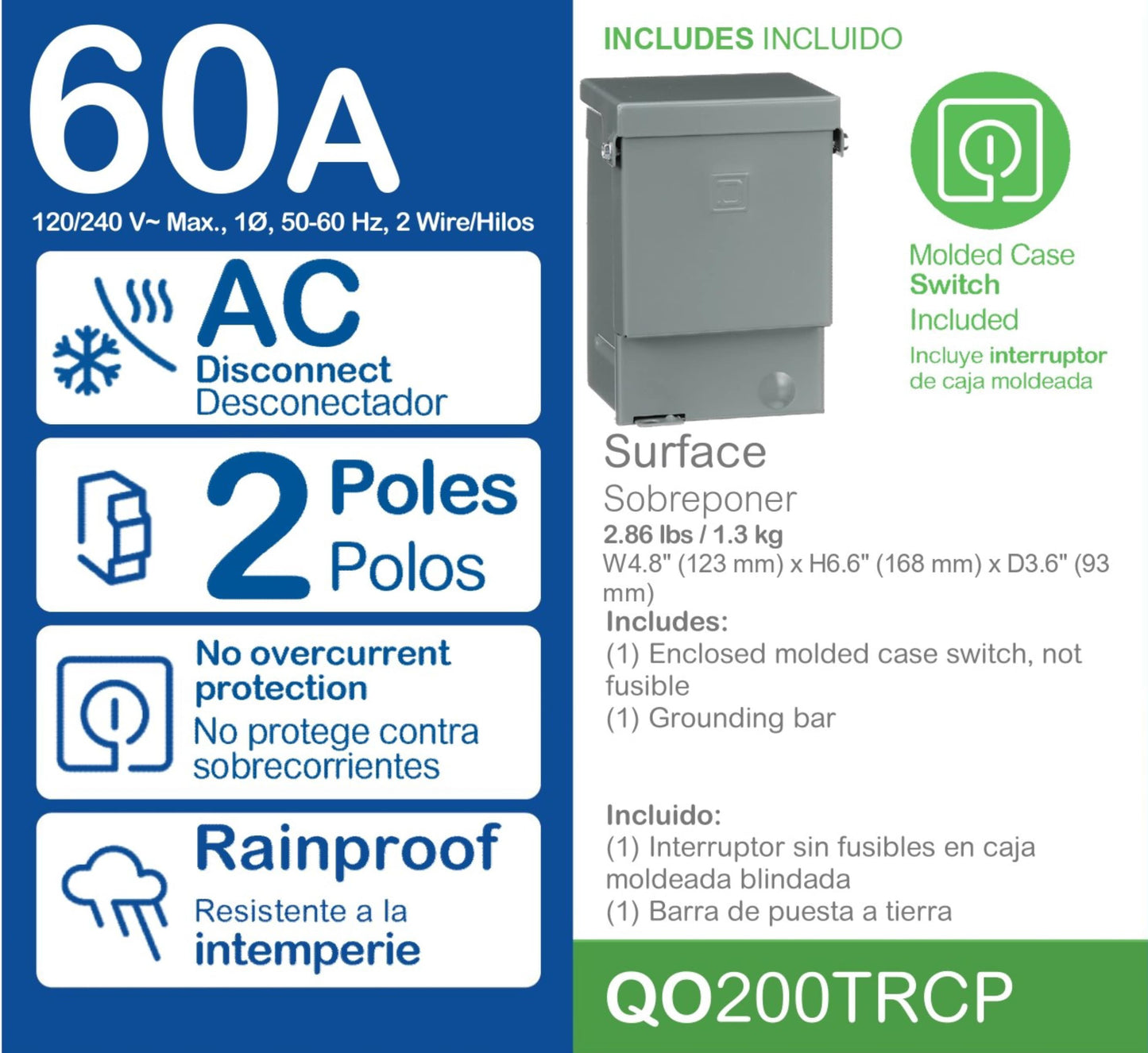 60 Amp Single Phase (120V/240V) Non-Fusible Outdoor General-Duty Enclosed Molded Case Switch Disconnect