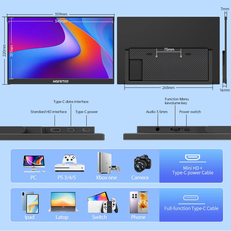 15.6 Inch Portable Monitor, FHD-IPS Laptop External Second Screen, Gaming Extended Display with Type-C HDMI
