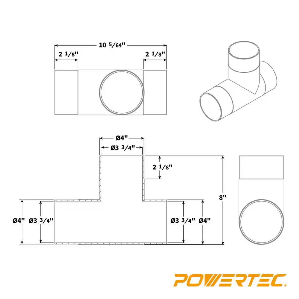 4 In. T-Fitting Dust Hose Connector for Dust Collection Systems
