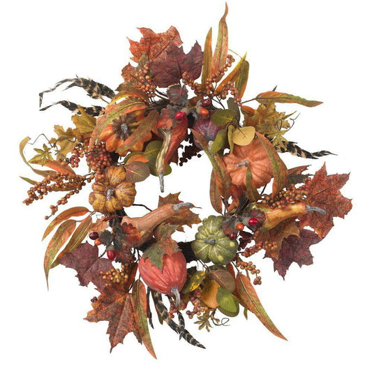 Nearly Natural 24in. Artificial Wreath with Pumpkins, Berries, and Maple Leaves