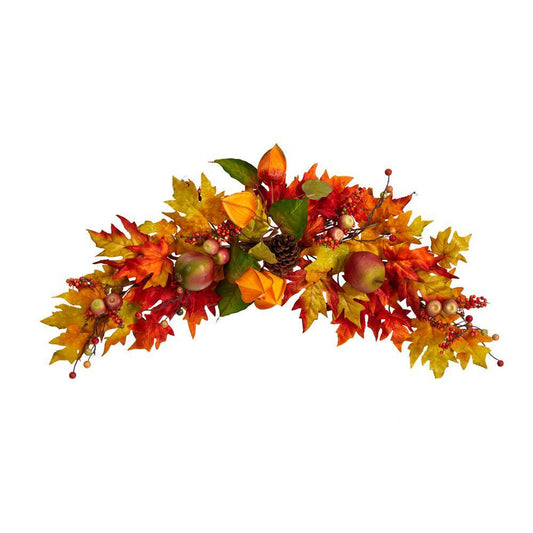 Nearly Natural 38 in. Orange Autumn Maple Leaf Berry Artificial Swag