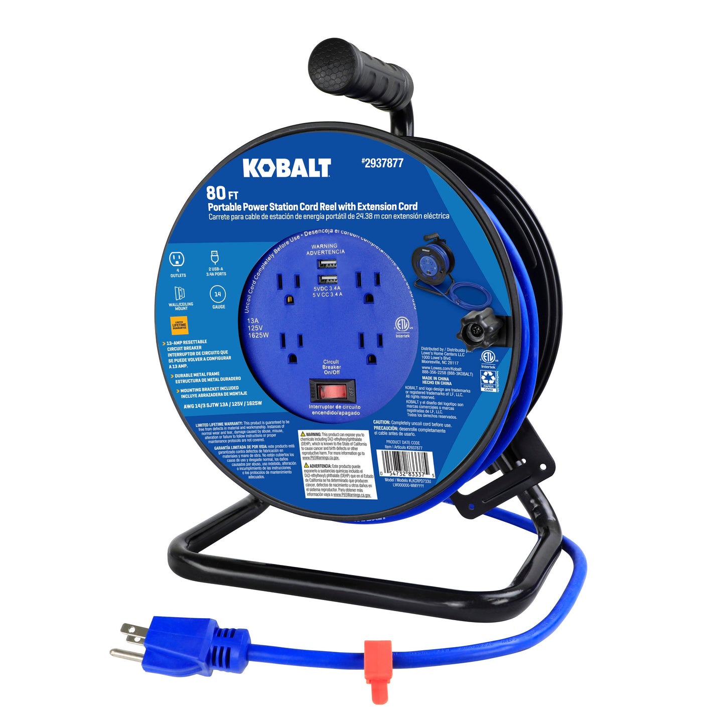 4-Outlet  Black/Blue Cord Reel 2-USB W/80Ft 14/3 SJTW Ext Cord