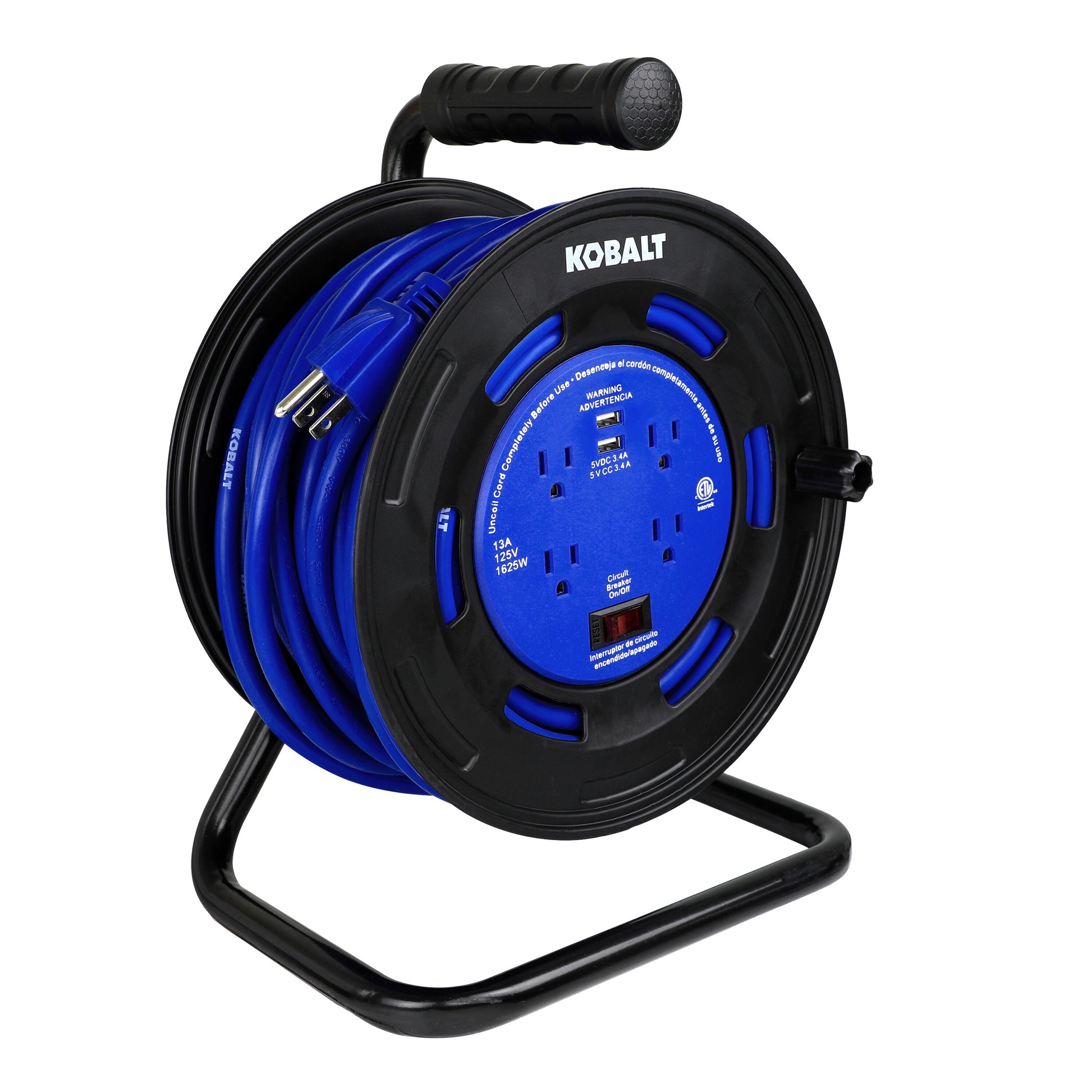 4-Outlet  Black/Blue Cord Reel 2-USB W/80Ft 14/3 SJTW Ext Cord