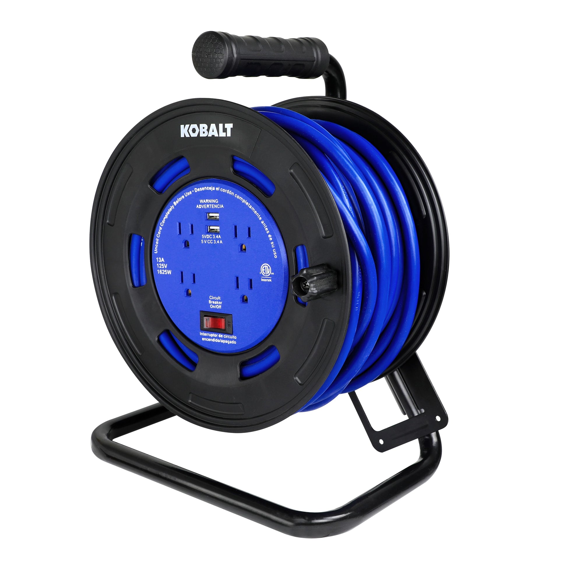 4-Outlet  Black/Blue Cord Reel 2-USB W/80Ft 14/3 SJTW Ext Cord