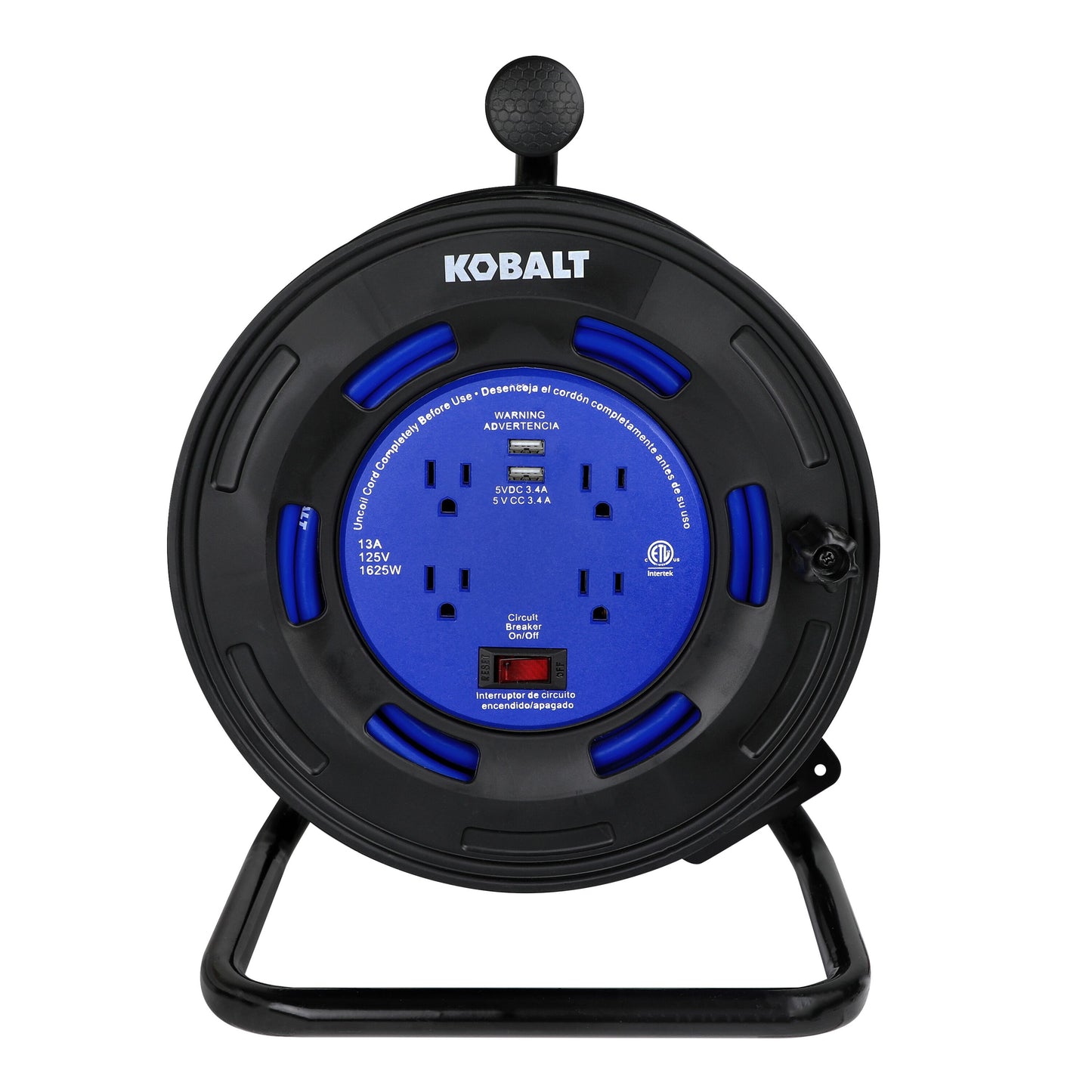 4-Outlet  Black/Blue Cord Reel 2-USB W/80Ft 14/3 SJTW Ext Cord