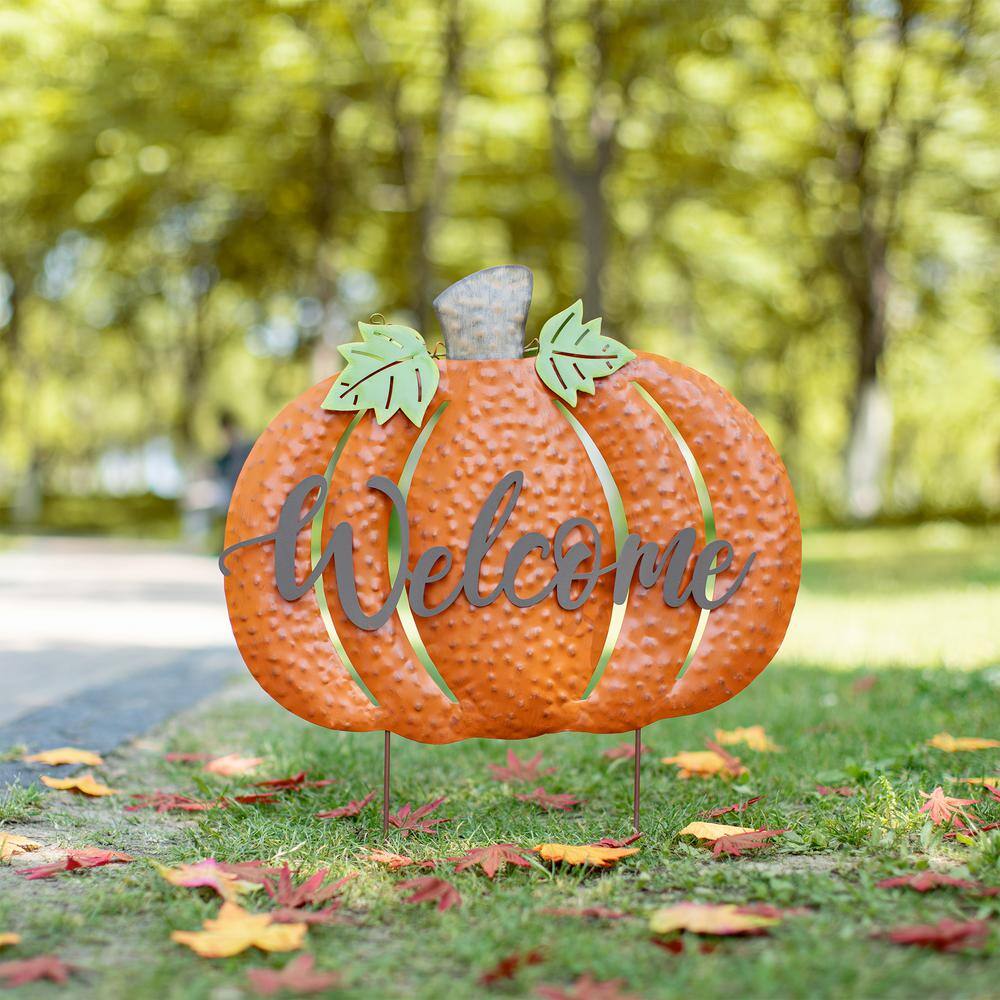 Glitzhome 29.72 in. H Fall Metal Pumpkin Yard Stake/Standing/Hanging Sign (KD, 3-Function)