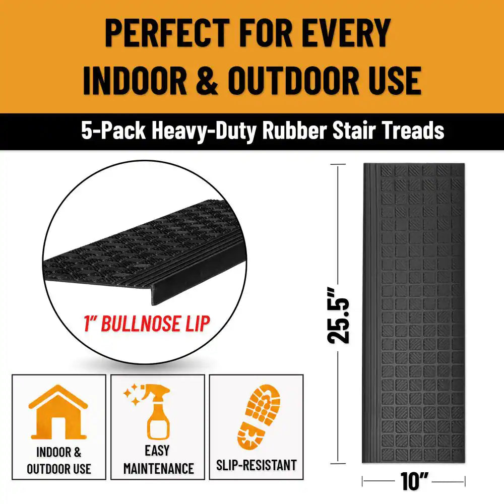 Waterproof Easy-Clean Indoor/Outdoor Black 10 In. X 25.5 In. Non-Slip Rubber Bullnose Stair Tread Cover (Set of 5)