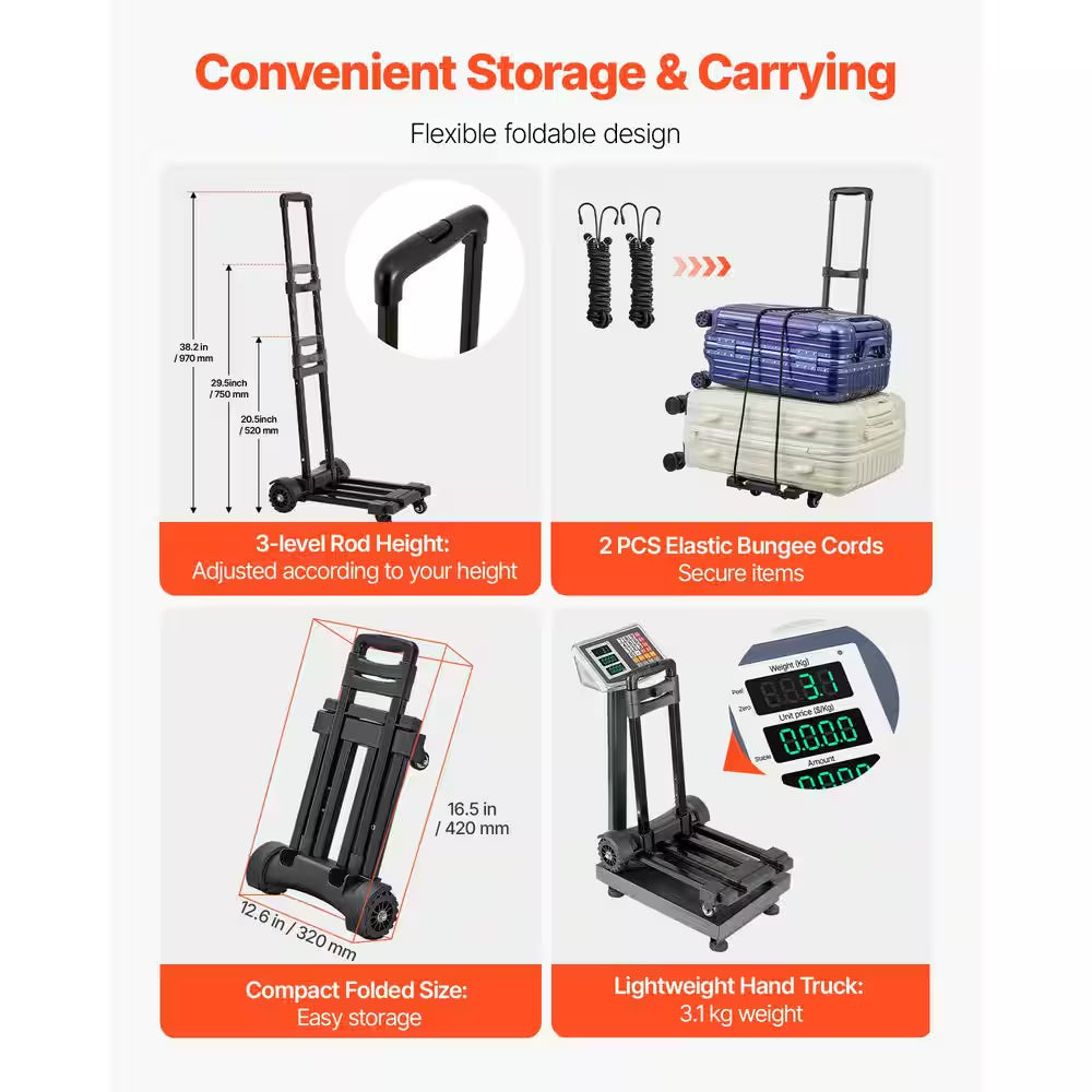 Folding Hand Truck, 290 Lbs. Load Capacity, Collapsible Luggage Cart with 4 Wheels, 2 Elastic Ropes & Expandable Base
