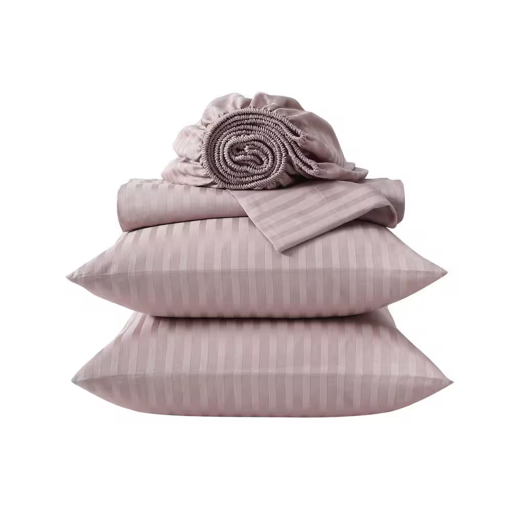 Dobby Stripe 4-Piece Dusk Pink Cotton Queen Sheet Set