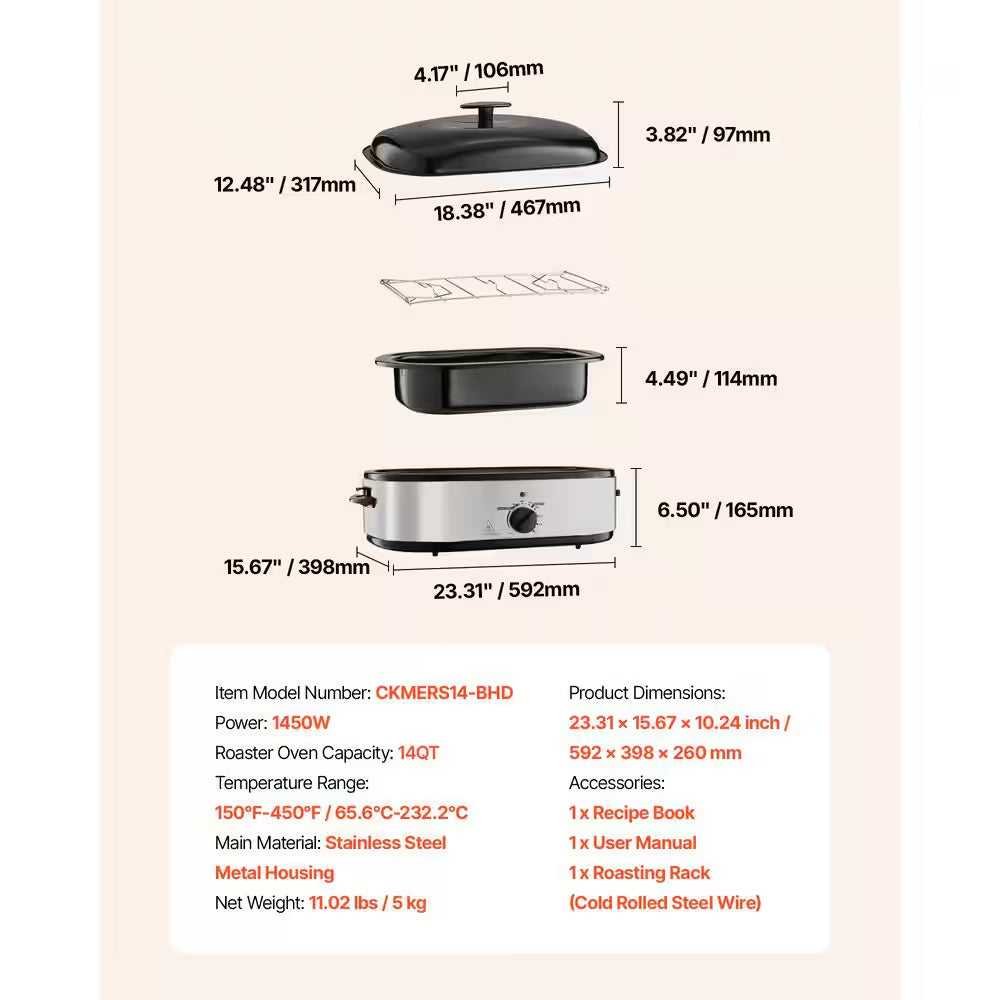Roaster Oven, 14QT Sliver Slow Cooker, 150-450℉ Adjustable Temperature Electric Roasting Pan