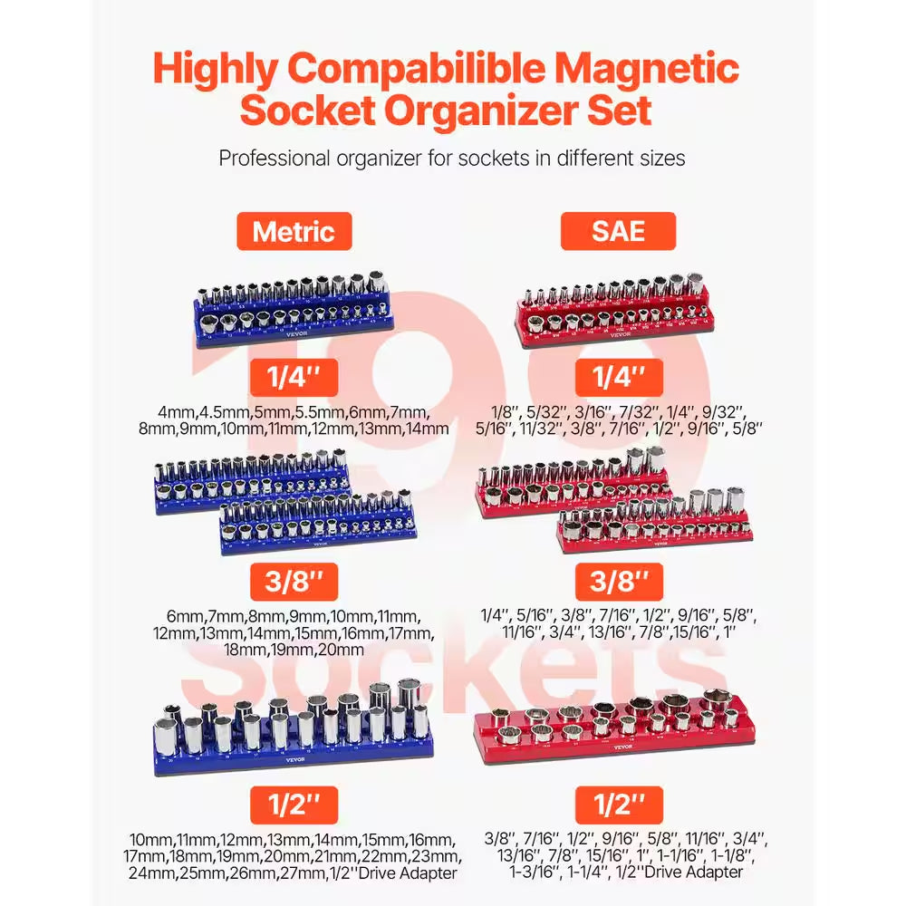 Magnetic Socket Organizer Set, 8-Pieces Socket Holder, 1/4 In., 3/8 In. and 1/2 In. Metric SAE Socket Trays