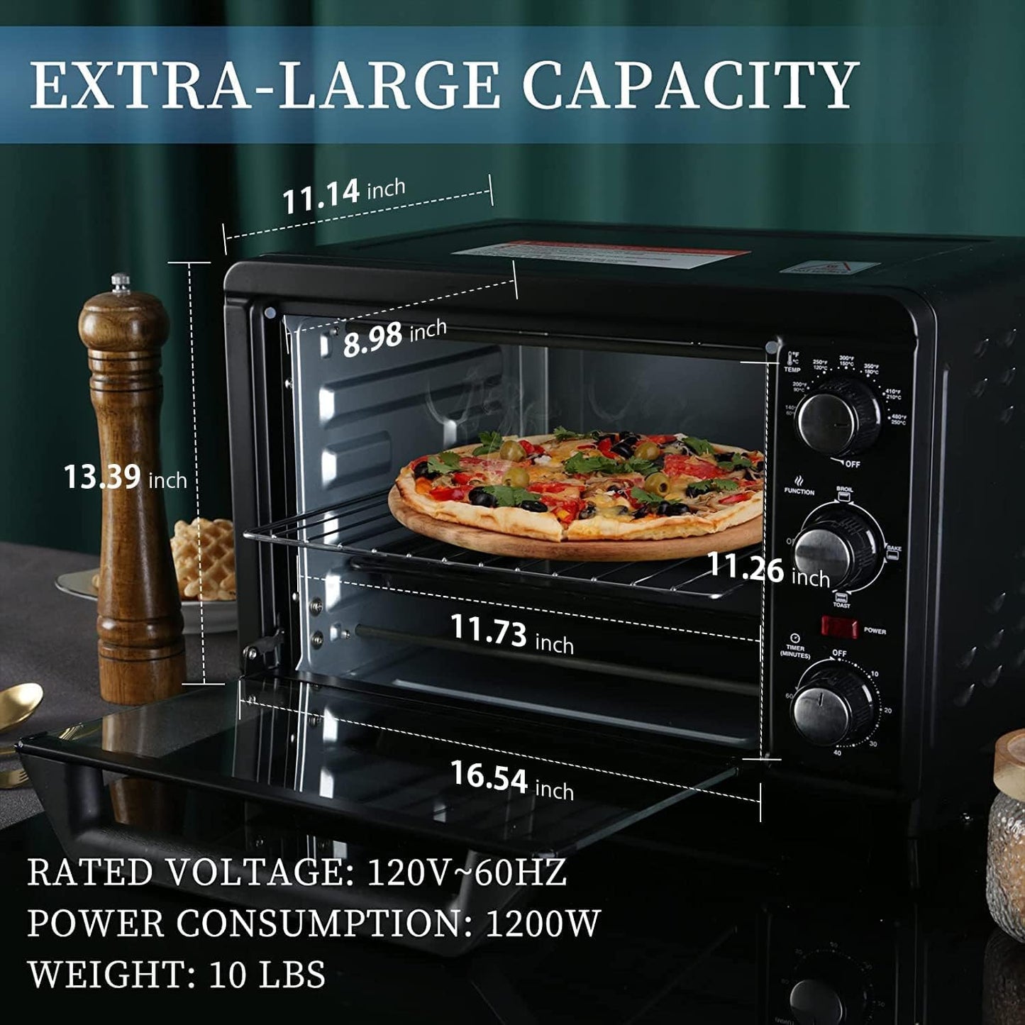 Tidoin 1200 W Metal Black Toaster Oven with Rotisserie and Time Control