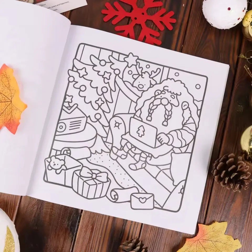 Cozy Christmas Christmas Coloring Book Cartoon Stress Relief Paperback Painting Gift Educational Montessori Drawing Toy