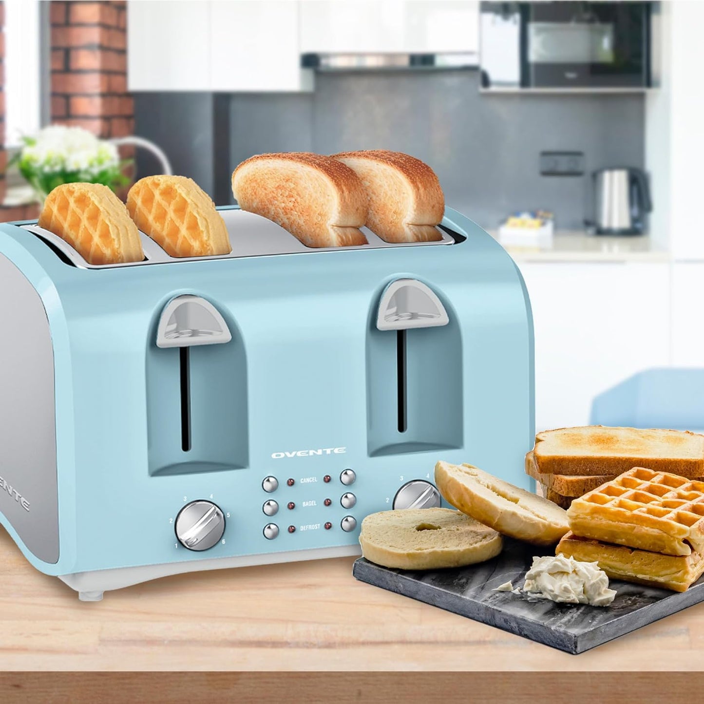 OVENTE 1400-Watt 4-Slice Light Blue Toaster with Extra Wide Slots, 6-Shade Browning Setting, Countertop Toaster
