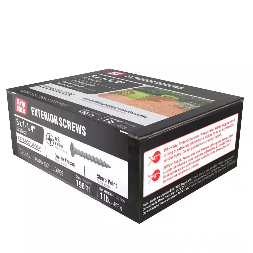 #8 X 1-1/4 In. #2 Phillips Bugle Head Coarse Thread Coated Exterior Wood Screws 1 Lb. Box