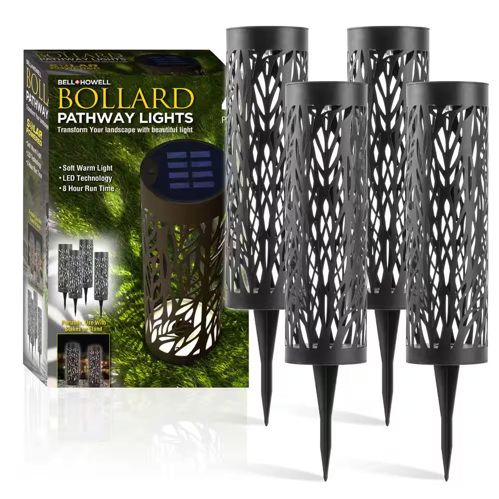 Low Voltage Black 2 Lumens Solar Powered Integrated LED Landscape Pathway Bollard Lights (4-Pack)