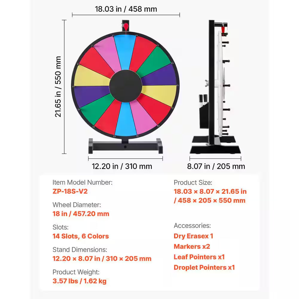 18 In. Spinning Prize Wheel, Heavy Duty Roulette Wheel with a Dry Erase and 2 Markers, Tabletop Spinner