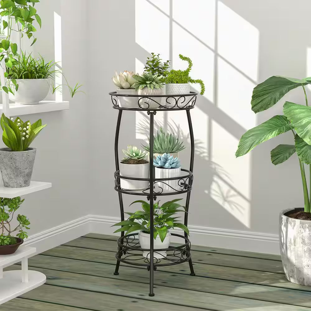 3-Tier Metal Plant Stand, Rustproof Iron, Heavy Duty Metal Indoor/Outdoor Flower Holder, Black 33.8 In.