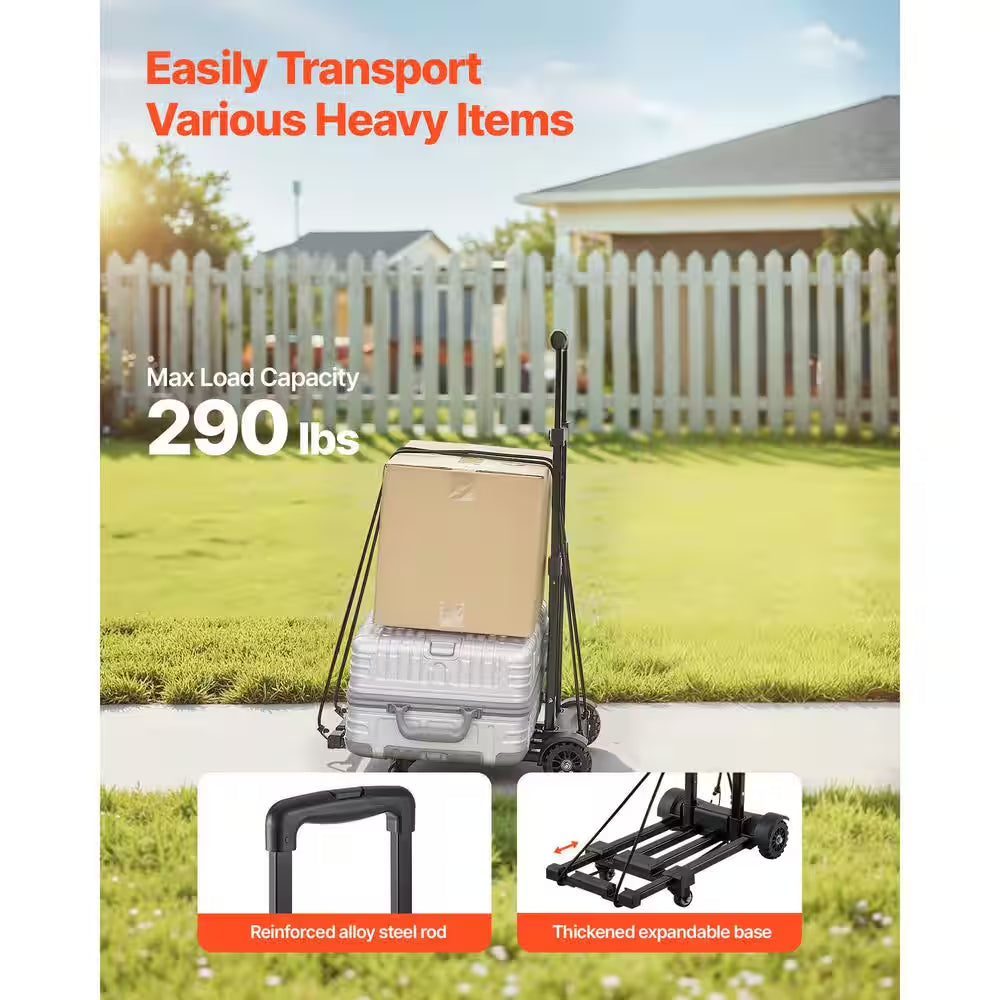 Folding Hand Truck, 290 Lbs. Load Capacity, Collapsible Luggage Cart with 4 Wheels, 2 Elastic Ropes & Expandable Base