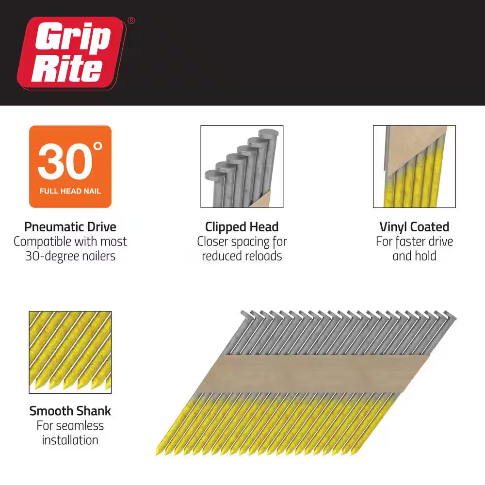 3 In. X 0.120 In. 30° Paper Collated Bright Coated Smooth Shank Clip-Head Framing Nails 2000 per Box