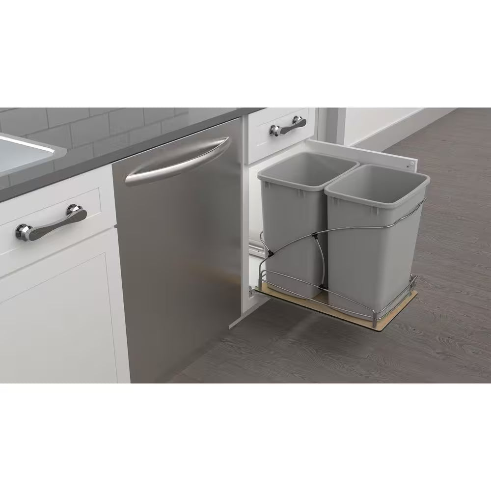 Double 35 Quart Pull Out Trash Containers, Gray, 54WC-1835SC-17-1