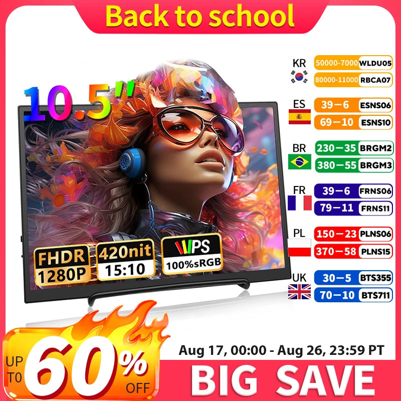 10.5 Inch Portable Monitor 1280P 100% SRGB 420 Cd/M2 with Dual Speakers Mini HDMI Interface for Laptop PC PS4 Game Console