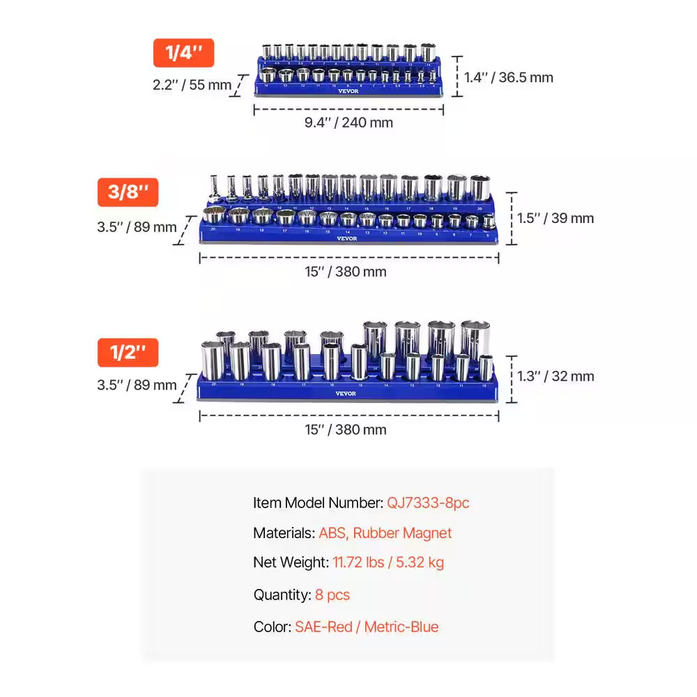 Magnetic Socket Organizer Set, 8-Pieces Socket Holder, 1/4 In., 3/8 In. and 1/2 In. Metric SAE Socket Trays