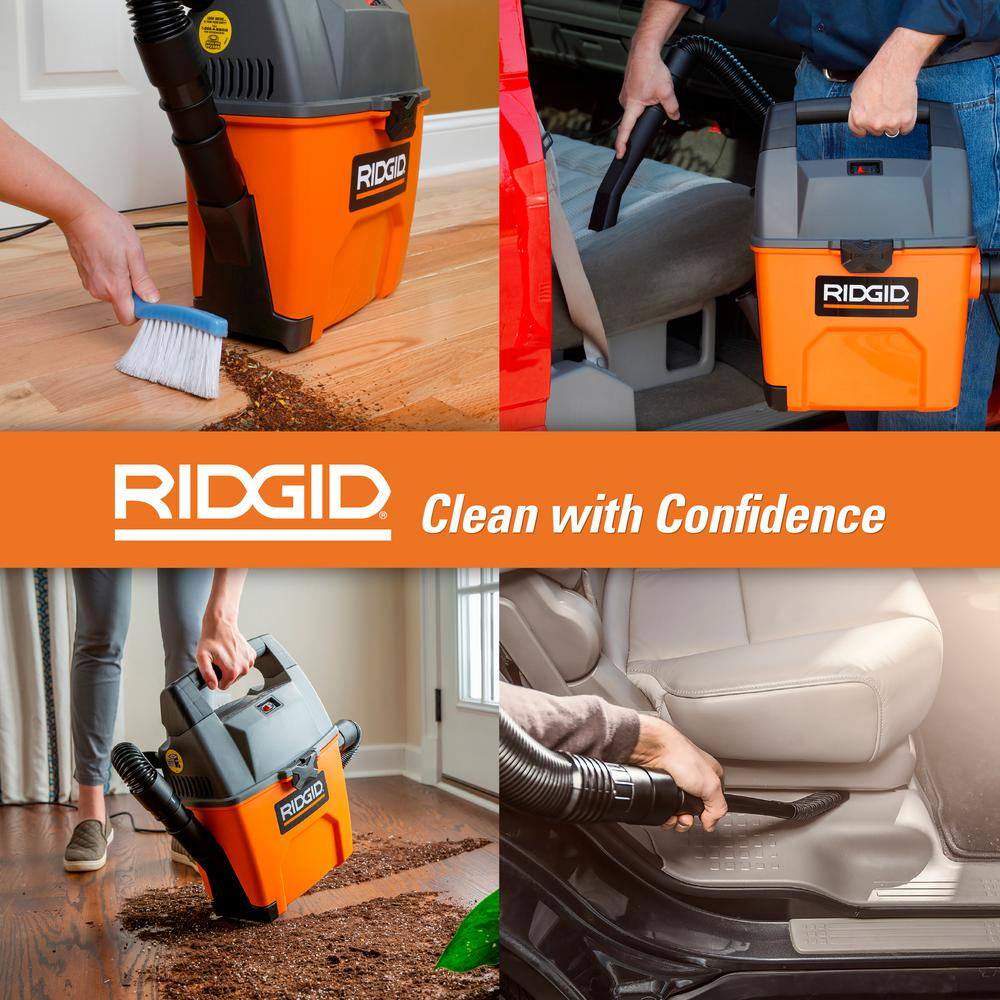 RIDGID 3 Gallon 3.5 Peak HP Portable Wet/Dry Shop Vacuum with Built in Dust Pan, LED Lighted Car Nozzle and Car Cleaning Kit