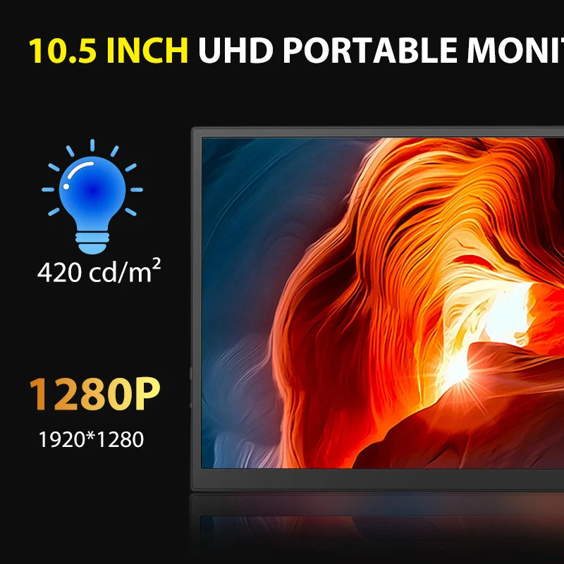 10.5 Inch Portable Monitor 1280P 100% SRGB 420 Cd/M2 with Dual Speakers Mini HDMI Interface for Laptop PC PS4 Game Console