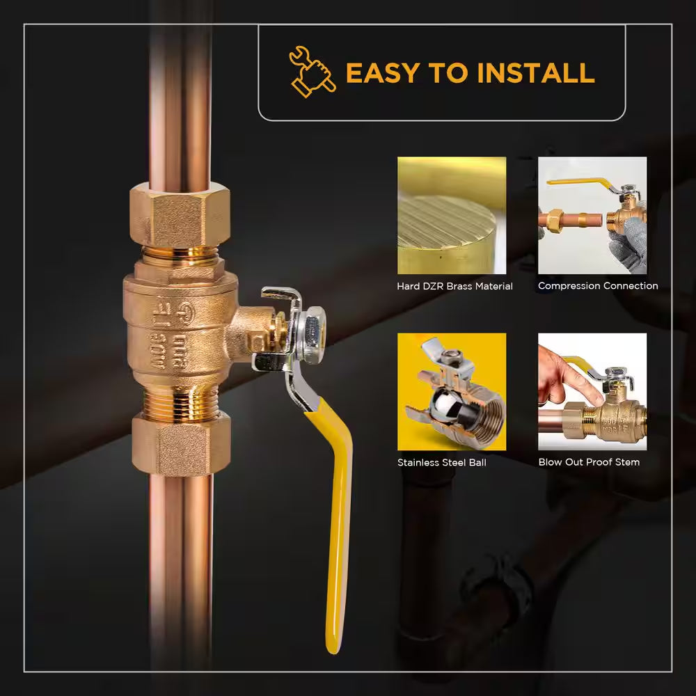 1 In. Premium Brass Full Port Ball Valve with Compression Connections