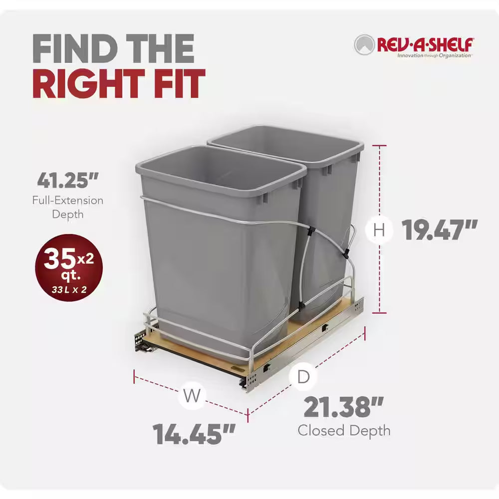 Double 35 Quart Pull Out Trash Containers, Gray, 54WC-1835SC-17-1
