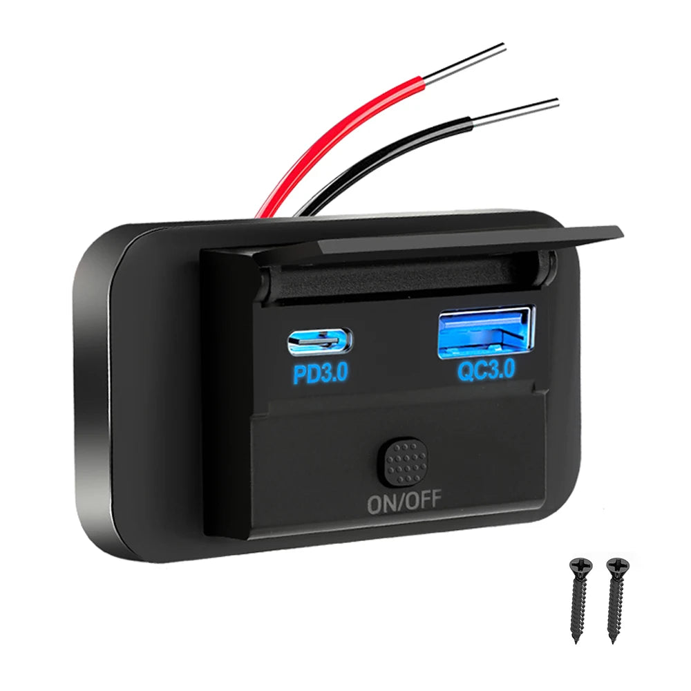 12/24V QC3.0 PD Car Charger Socket Quick Charge Dual USB with ON/OFF Outlet Panel Adapter for Truck Camper Caravan Accessories