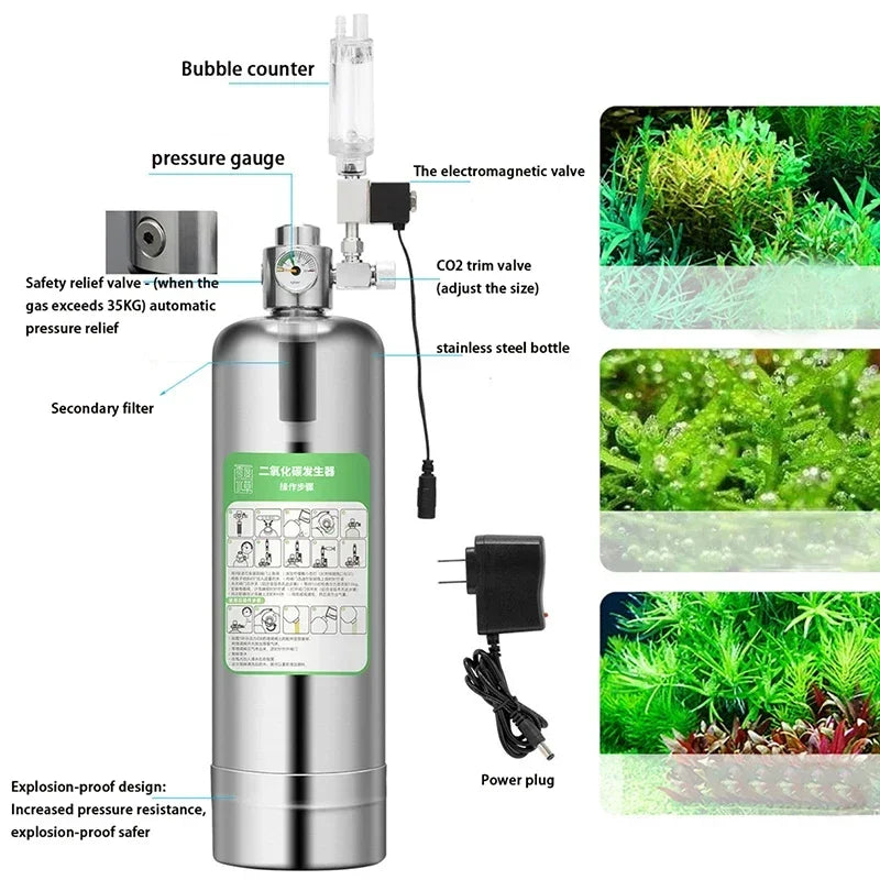 Aquarium CO2 Generator System Kit Stainless Steel CO2 Cylinder Generator System Carbon Dioxide Reactor Kit for Plant Fish