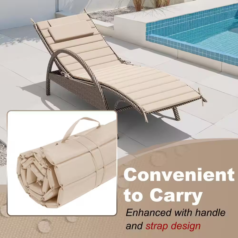 70.9 X 20.8 Inch 2 Pieces Beige Foldable Outdoor Chaise Lounge Cushion Fade Resistant Patio Cushion with Pillow and Ties