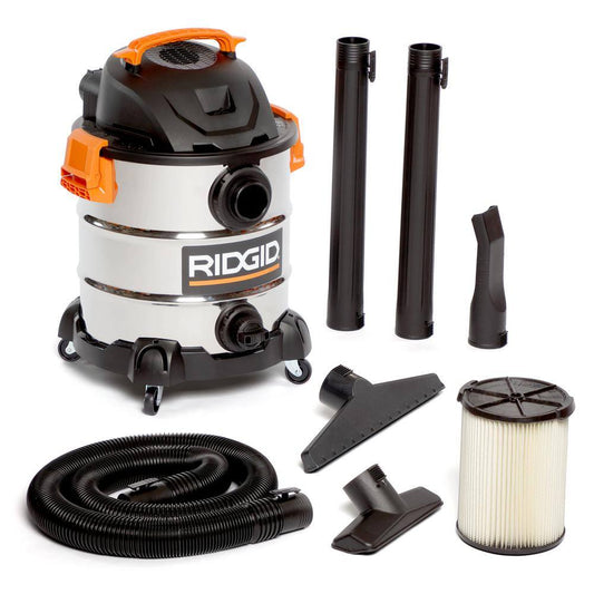 RIDGID 10 Gallon 6.0 Peak HP Stainless Steel Wet/Dry Shop Vacuum with Filter, Locking Hose and Accessories