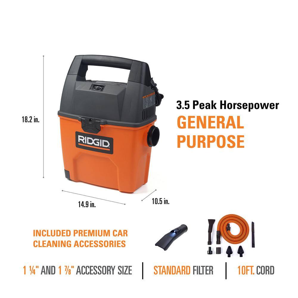RIDGID 3 Gallon 3.5 Peak HP Portable Wet/Dry Shop Vacuum with Built in Dust Pan, LED Lighted Car Nozzle and Car Cleaning Kit