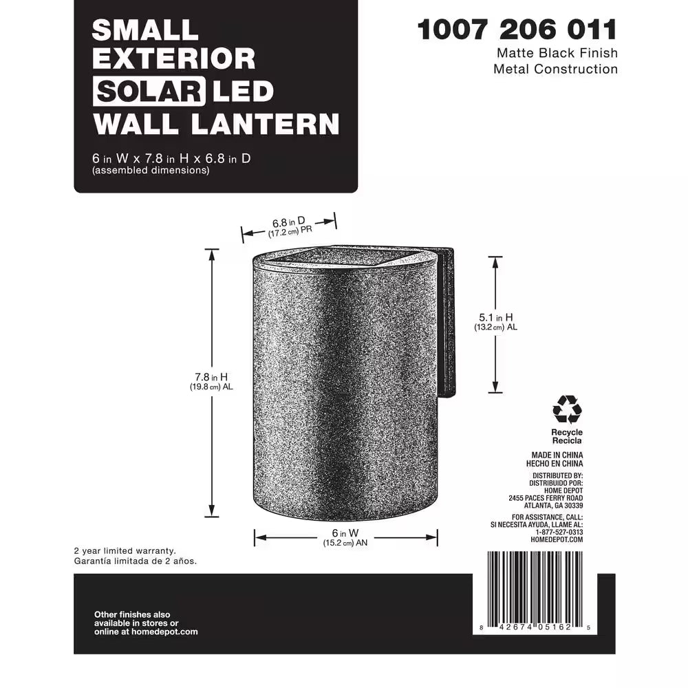 7.8 In. 1-Light Modern Black LED Solar Cylinder Outdoor Wall Light Sconce with Dark Sky Compliance