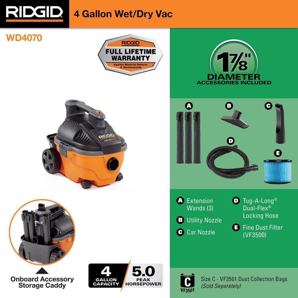RIDGID 4 Gallon 5.0 Peak HP Portable Wet/Dry Shop Vacuum with Fine Dus ...