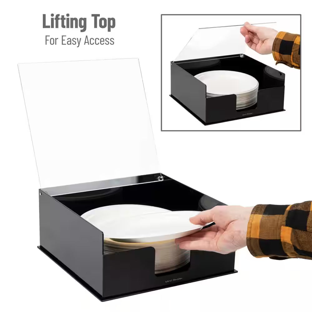Black Acrylic Paper Plate Holder Covered Dispenser 11 In. L X 11 In. W X 5 In. H