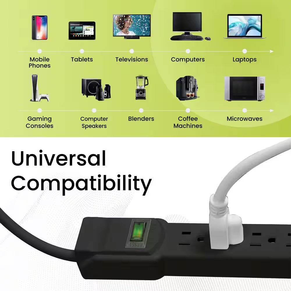 6 Outlet Surge Protector with 3 Ft. Heavy Duty Cord - Black