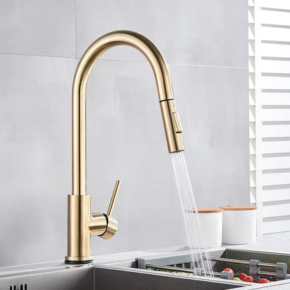 Brushed Gold Kitchen Faucet Pull Out Kitchen Sink Faucet Single Handle Faucet 360° Rotatble  Kitchen Tap  Hot Cold Mixer Crane
